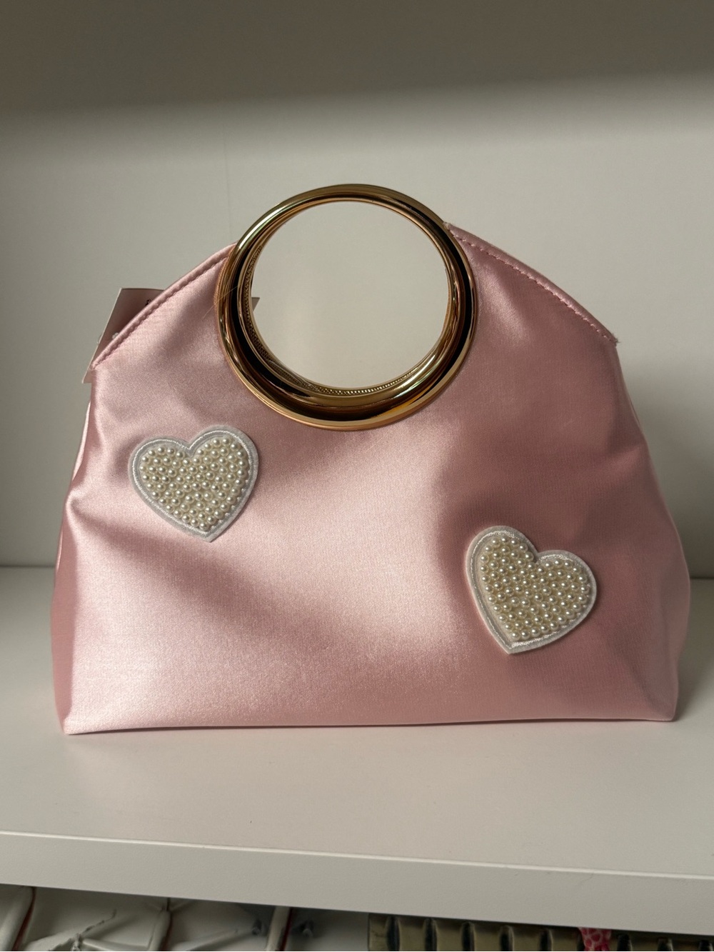 NWT NEW Blush Pink Satin handbag w/cross body strap pearl stick ons
